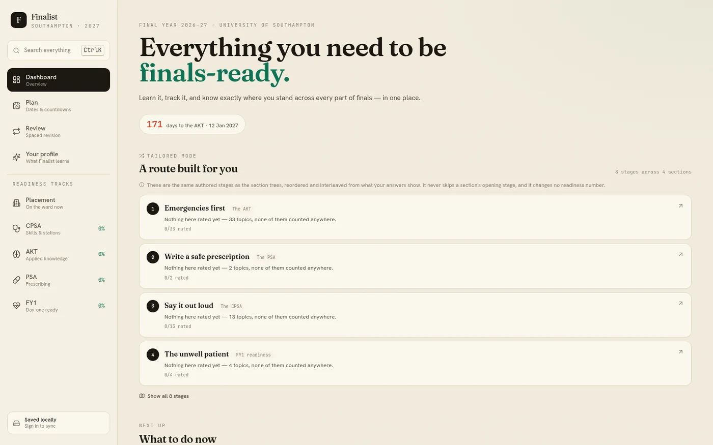 Finalist's dashboard, with a route built from your answers